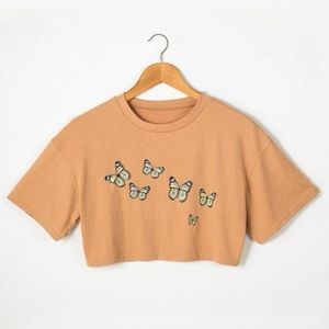 Brown Butterfly Crop Top: ROMWE